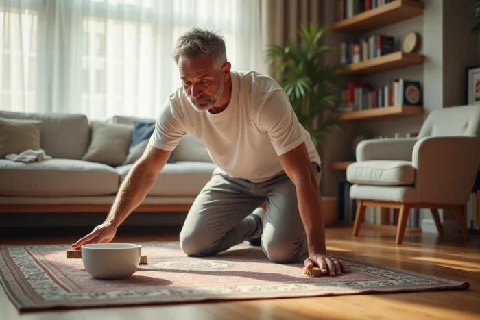 Homme nettoyant à la main un tapis persan chez lui avec une brosse et de l'eau savonneuse sur parquet