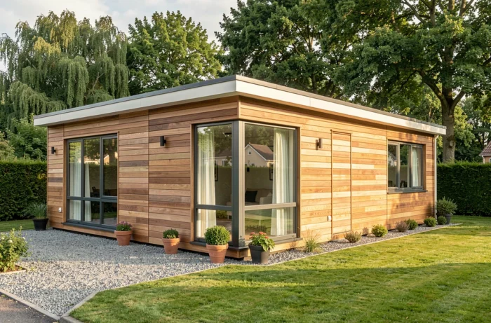 Maison modulaire moderne avec bardage bois et grandes fenêtres dans un quartier résidentiel