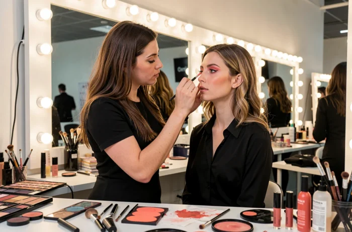 Maquilleuse professionnelle appliquant un fard à paupières coral sur un mannequin en coulisses d'un défilé mode beauté