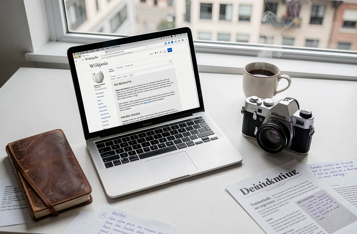 Bureau de journaliste avec un ordinateur affichant une recherche Wikipedia sans résultat, entouré de coupures de presse et d'un appareil photo argentique, symbolisant le mystère de l'absence de Marc Warnod sur Wikipedia