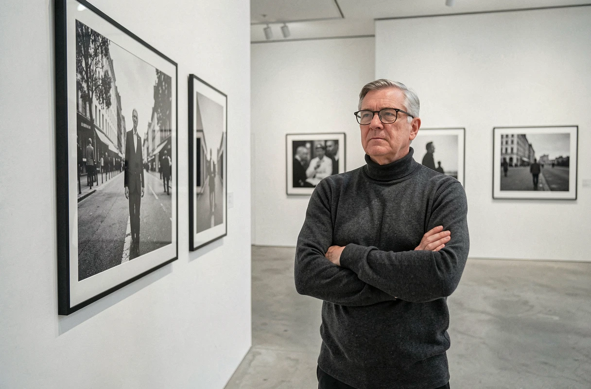Photographe reconnu debout devant une exposition de photographies dans une galerie parisienne contemporaine, évoquant la carrière et la notoriété de Marc Warnod