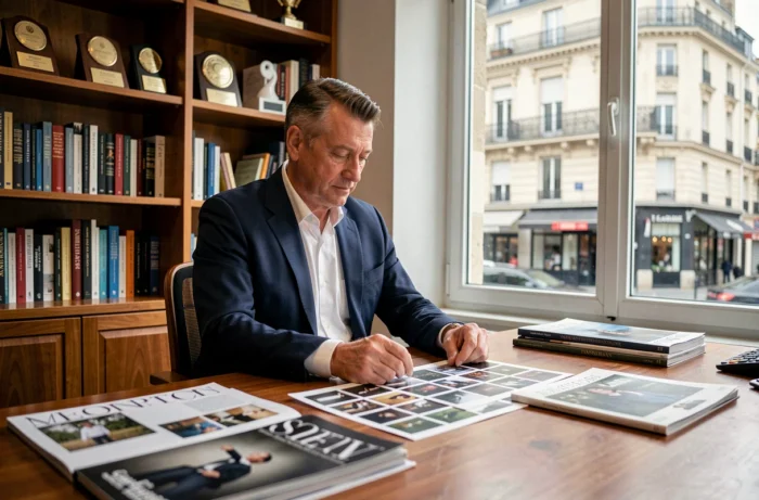 Photographe éditorial expérimenté examinant des portfolios dans un bureau parisien élégant, illustrant le parcours professionnel de Marc Warnod