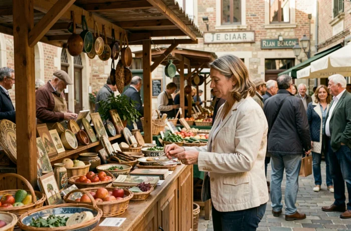 Femme explorant un marché artisanal en plein air dans le centre-ville de Cholet