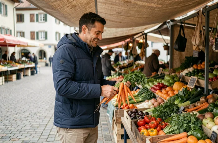 Homme choisissant des légumes biologiques frais sur un marché en plein air dans une ville suisse, tenant des carottes colorées avec un sourire naturel