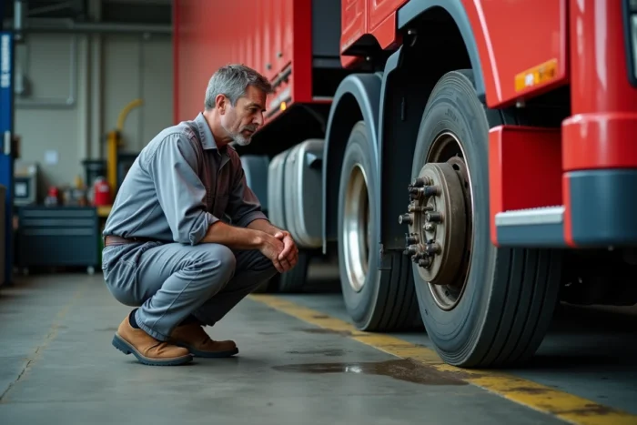 Mécanicien inspectant les freins d'un camion pour estimer les coûts de maintenance en atelier