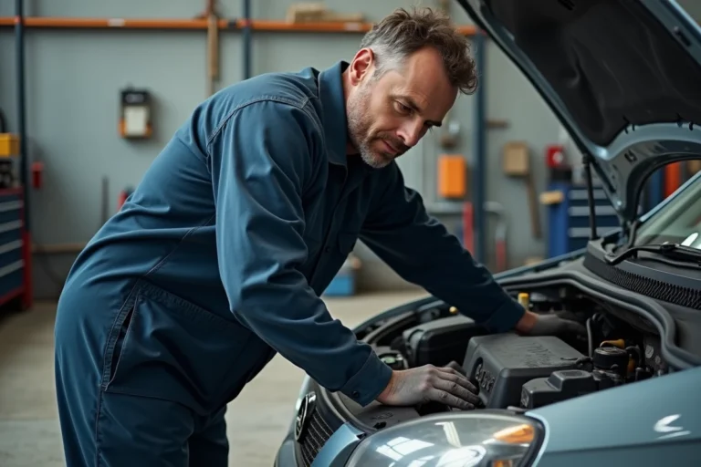 Mécanicien inspectant le moteur d'une Opel Meriva dans un garage professionnel