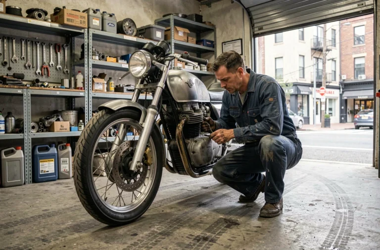 Mécanicien inspectant le moteur d'une moto nue dans un atelier urbain