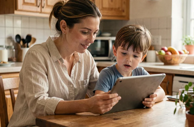 Mère et fils découvrant ensemble des astuces parentales sur une tablette dans une cuisine familiale chaleureuse