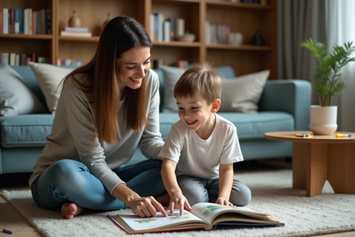 Mère et fils partageant un moment de lecture sur le sol du salon dans une atmosphère familiale apaisante
