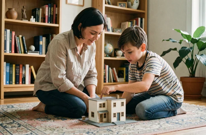 Mère et fils construisant ensemble une maquette dans le salon, symbolisant l'accompagnement parental des projets d'enfants