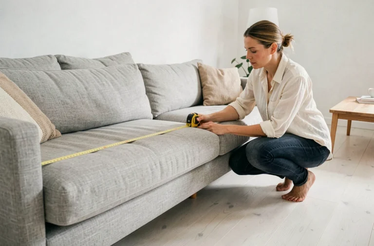 Femme mesurant un canapé gris avec un mètre ruban dans un salon de style scandinave pour choisir les bonnes dimensions