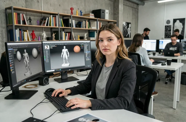 Étudiante diplômée en 3D travaillant sur un logiciel de modélisation dans un studio créatif moderne à Rennes