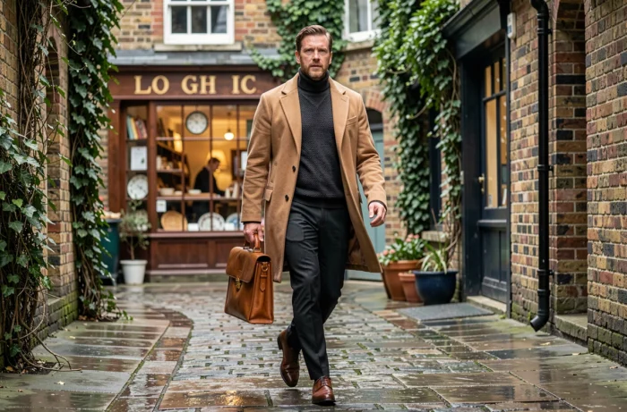 Homme britannique en manteau camel et col roulé charbon marchant sur des pavés mouillés dans une ruelle anglaise pittoresque