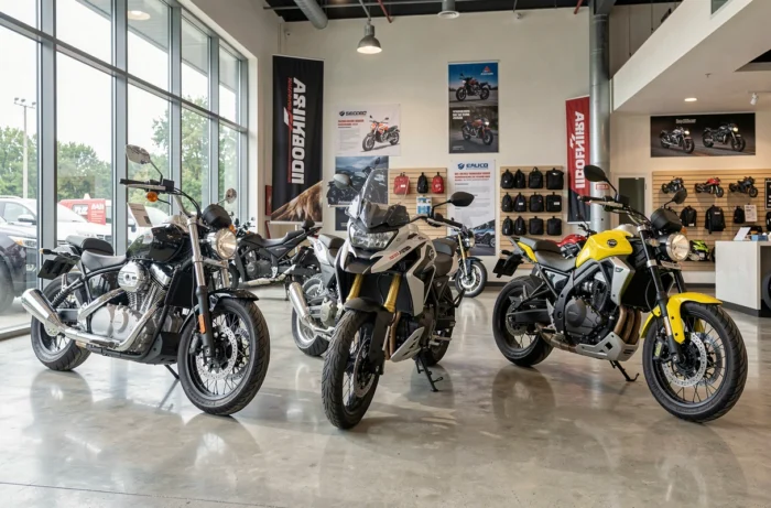 Trois modèles de motos exposés dans une concession moto moderne