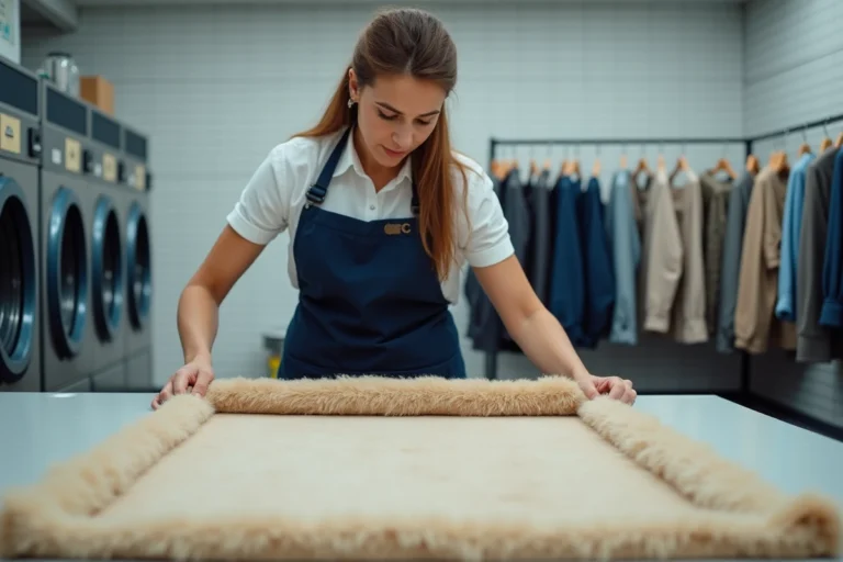Employée d'une pressing 5 à sec inspectant un grand tapis beige en laine sur une table de travail professionnelle