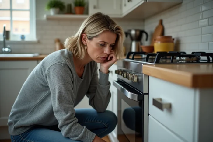 Femme inquiète qui détecte une odeur d'essence près d'une cuisinière à gaz dans une cuisine moderne