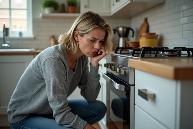 Femme inquiète qui détecte une odeur d'essence près d'une cuisinière à gaz dans une cuisine moderne
