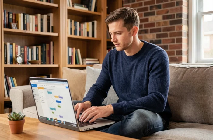 Jeune homme travaillant sur des outils de référencement naturel depuis son bureau à domicile avec un ordinateur portable