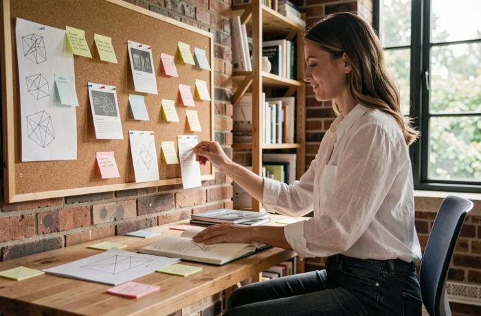 Une femme organise le contenu d'un site web avec des fiches et un tableau de planification dans un bureau moderne