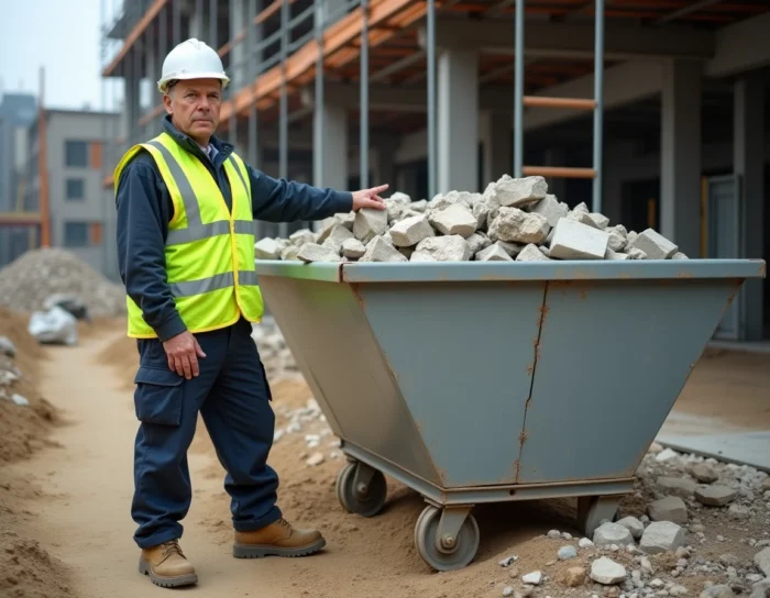 Ouvrier en gilet jaune debout à côté d'un conteneur 3m3 rempli de gravats sur un chantier de construction urbain