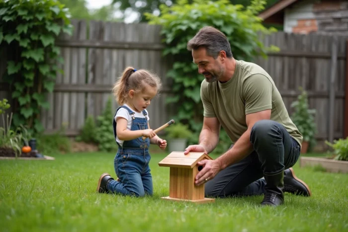 Père et fille construisant une cabane à oiseaux ensemble dans un jardin familial verdoyant