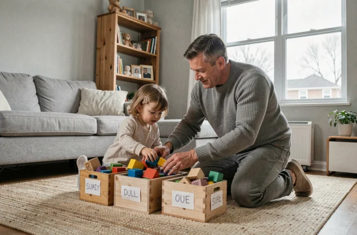 Père aidant sa fille à organiser ses jouets dans le salon avec des paniers étiquetés, astuce rangement famille