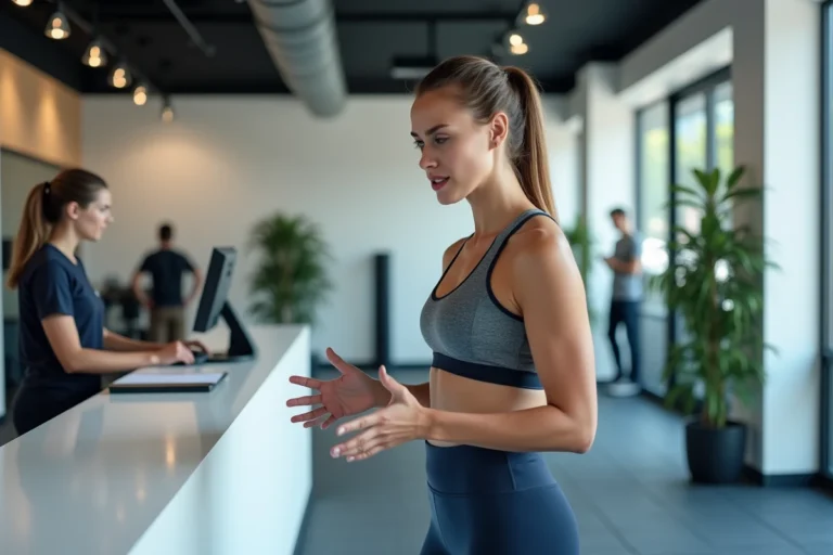 Femme en tenue de sport signalant la perte de sa carte Basic Fit à la réception d'une salle de fitness