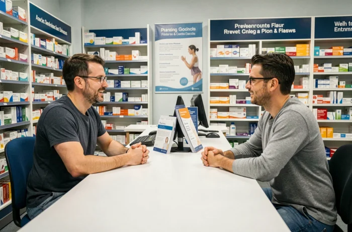 Patient en pharmacie recevant des conseils sur les médicaments et la prévention des maladies auprès d'un pharmacien
