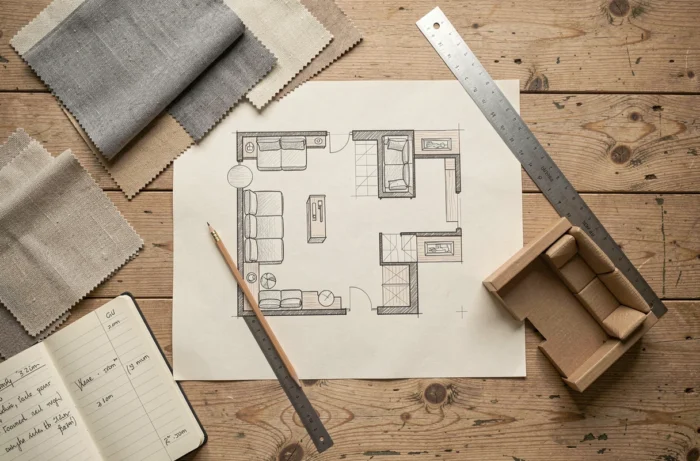 Plan de sol dessiné à la main avec mesures de canapé, règle et échantillons de tissu sur un bureau en bois pour guider le choix des dimensions