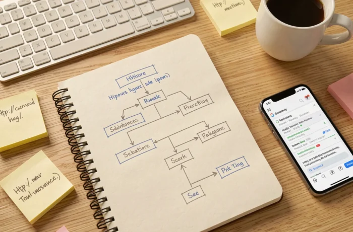 Vue aérienne d'un bureau avec un carnet contenant un plan de sitemap dessiné à la main et des accessoires de travail web
