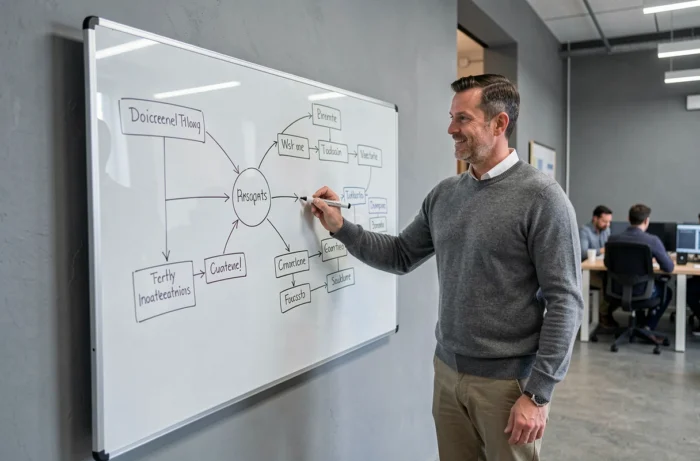 Un professionnel présente un plan de structure de site web sur un tableau blanc dans un bureau d'agence