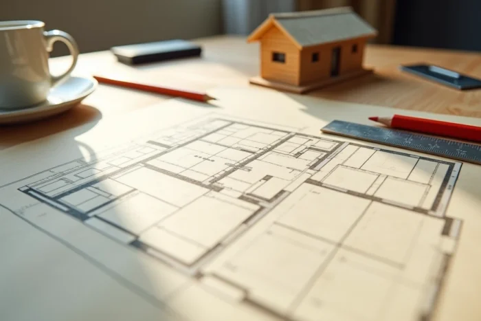 Plans d'architecture d'un agrandissement latéral posés sur un bureau avec règle et maquette de maison
