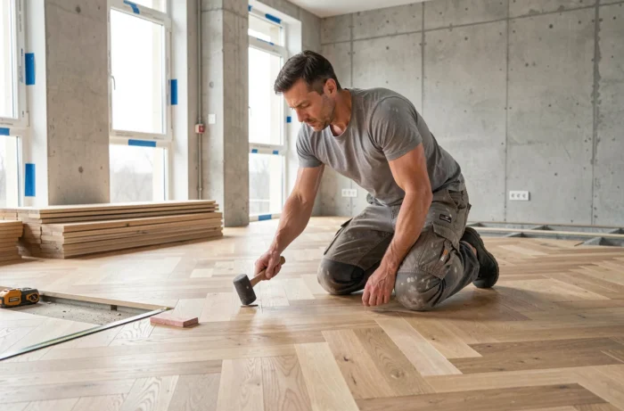 Artisan posant un parquet en chevron chêne clair lors de la rénovation d'un appartement moderne