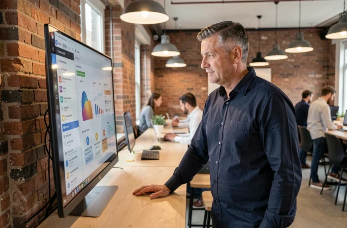 Professionnel masculin explorant un programme de formation digitale sur un écran interactif dans un espace de coworking