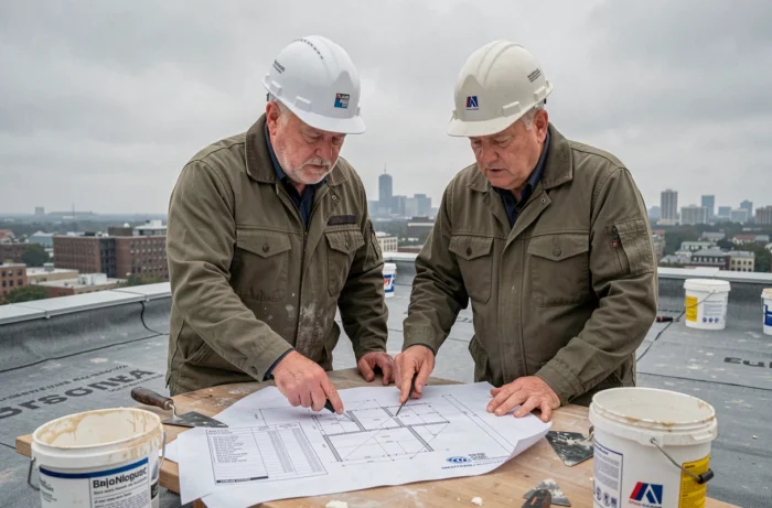 Deux professionnels BTP comparant des devis de chantier sur un toit en rénovation en milieu urbain