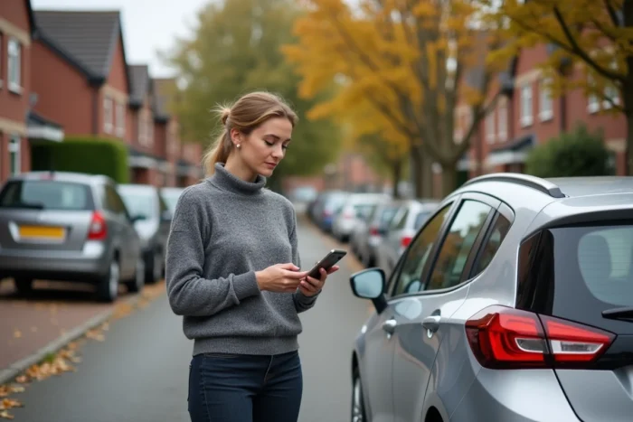 Propriétaire d'Opel Meriva consultant son téléphone pour diagnostiquer un voyant d'entretien