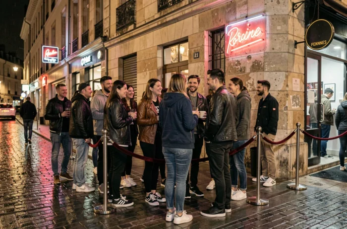 File d'attente devant une boîte de nuit de Rennes sur des pavés mouillés de nuit
