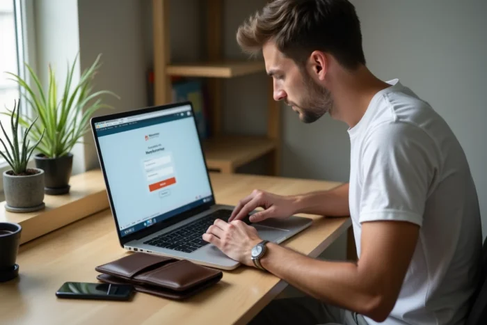 Homme cherchant à récupérer son accès Basic Fit en ligne depuis son domicile après la perte de sa carte