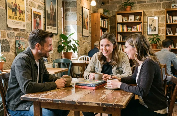 Groupe d'amis se retrouvant dans un café convivial à Cholet pour jouer et discuter