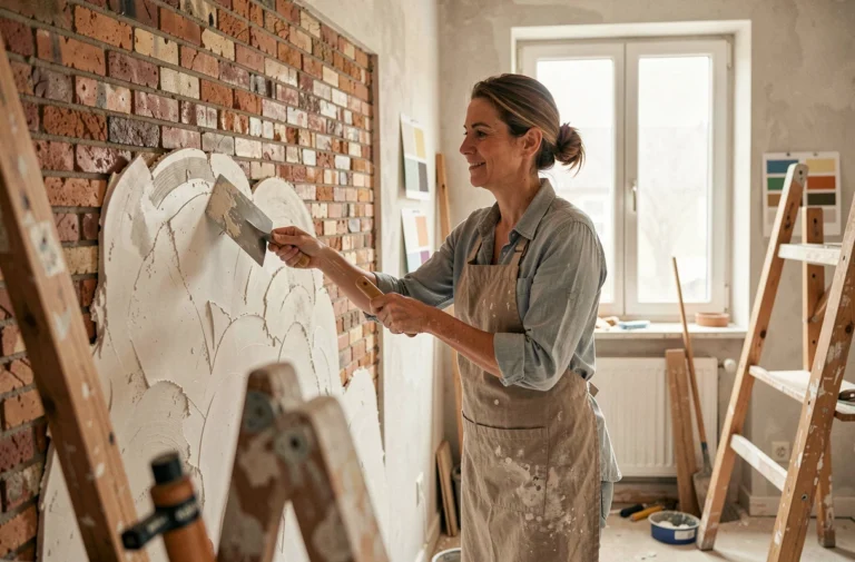 Femme en train d'enduire un mur en plâtre lors d'une rénovation intérieure moderne en 2024