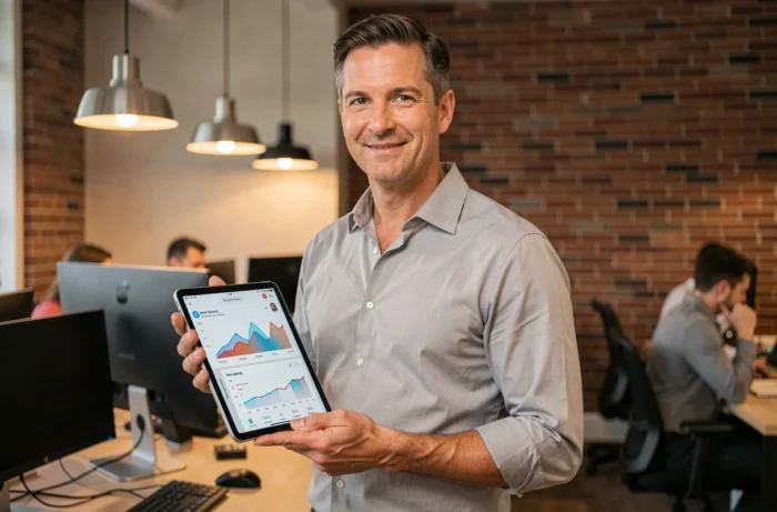 Chef de projet marketing tenant une tablette affichant des métriques de réseaux sociaux dans un bureau de startup
