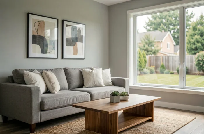 Salon épuré et bien agencé d'une maison mise en vente, avec canapé gris et décoration neutre