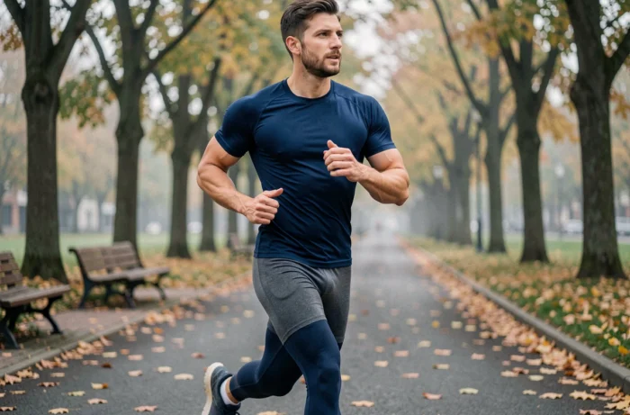 Homme en tenue de running faisant du jogging dans un parc urbain à l'automne, idée de séance cardio pour hommes