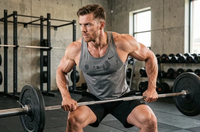 Homme musclé effectuant un squat avec barre dans une salle de sport moderne, séance de musculation pour hommes