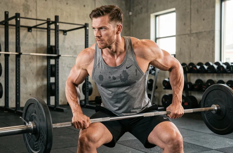 Homme musclé effectuant un squat avec barre dans une salle de sport moderne, séance de musculation pour hommes