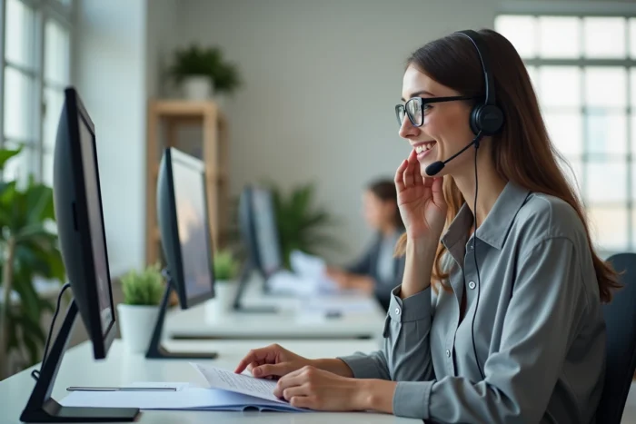 Conseillère du service après-vente Tyko Cuisine en train de répondre à un client par téléphone