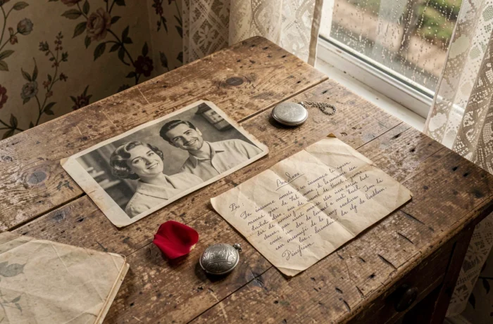 Objets personnels vintage sur une table en bois, incluant une photo noir et blanc d'une femme française des années 1950 et une lettre manuscrite ancienne, évoquant la mémoire familiale d'Édith Piaf