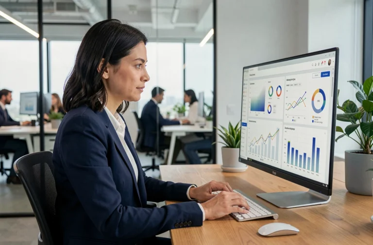 Femme professionnelle analysant des tableaux de bord de marketing digital sur un écran d'ordinateur dans un bureau moderne
