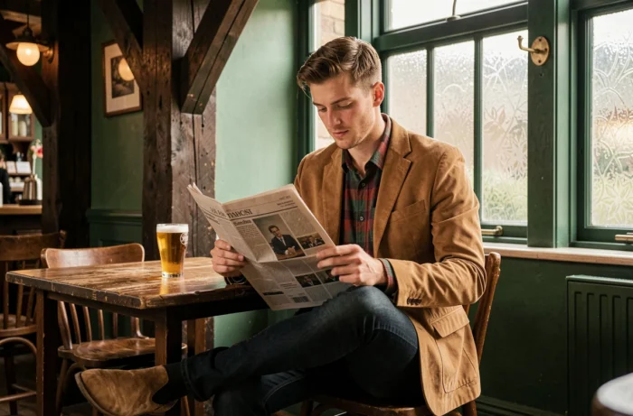 Jeune homme en style british smart-casual assis dans un pub anglais traditionnel, blazer moleskin beige et chemise flanelle à carreaux