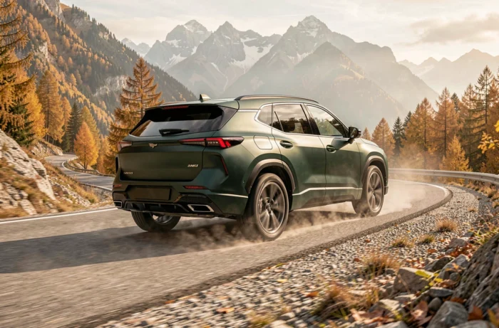SUV moderne en conduite dynamique sur une route de montagne aux couleurs d'automne